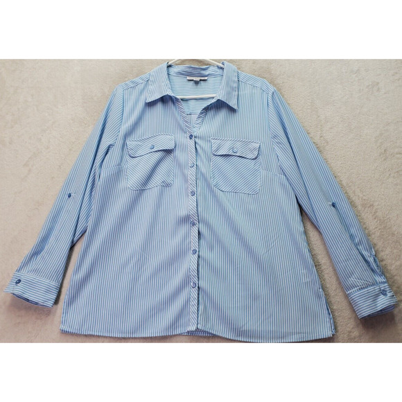Notations Shirt Womens Large Blue White Striped Long Sleeve Collared Button Down - Picture 1 of 9